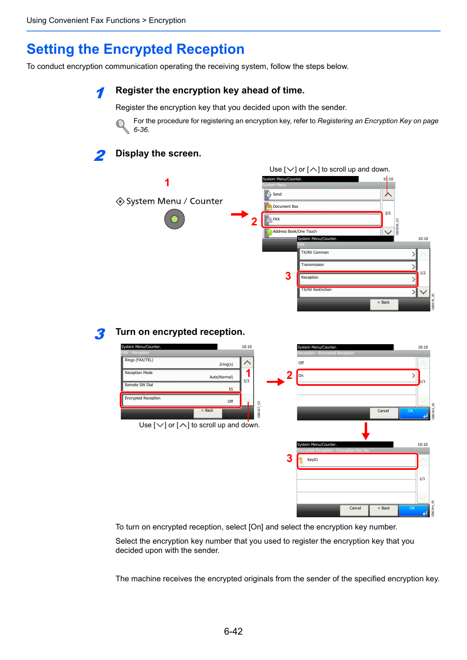 Setting the encrypted reception, Setting the encrypted reception -42, Register the encryption key ahead of time | Display the screen, Turn on encrypted reception, Using convenient fax functions > encryption | TA Triumph-Adler DC 6025 User Manual | Page 130 / 216