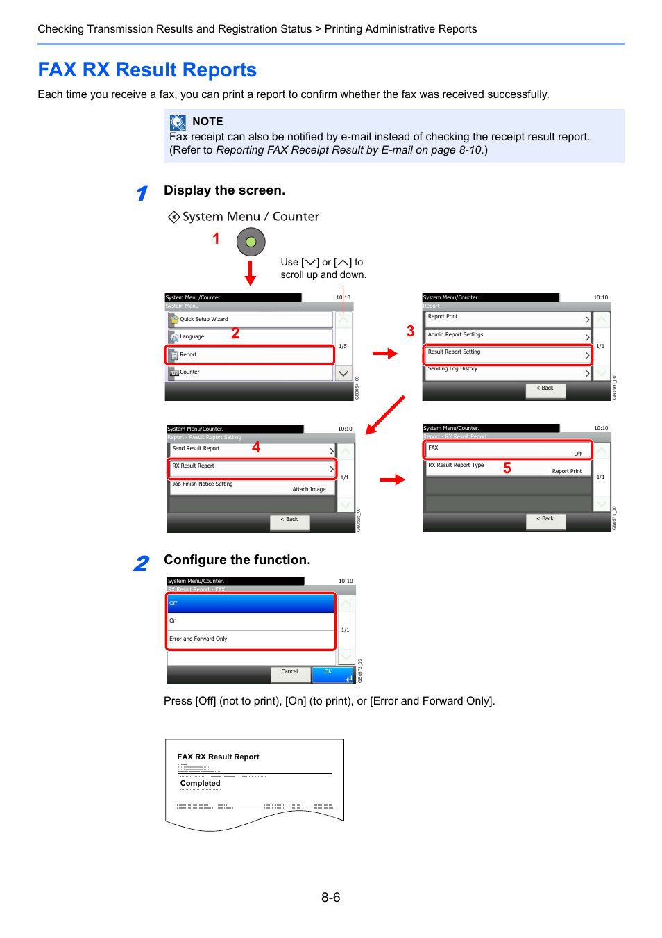 Fax rx result reports, Fax rx result reports -6, Display the screen | Configure the function, Use [ ] or [ ] to scroll up and down | TA Triumph-Adler DC 6025 User Manual | Page 154 / 216