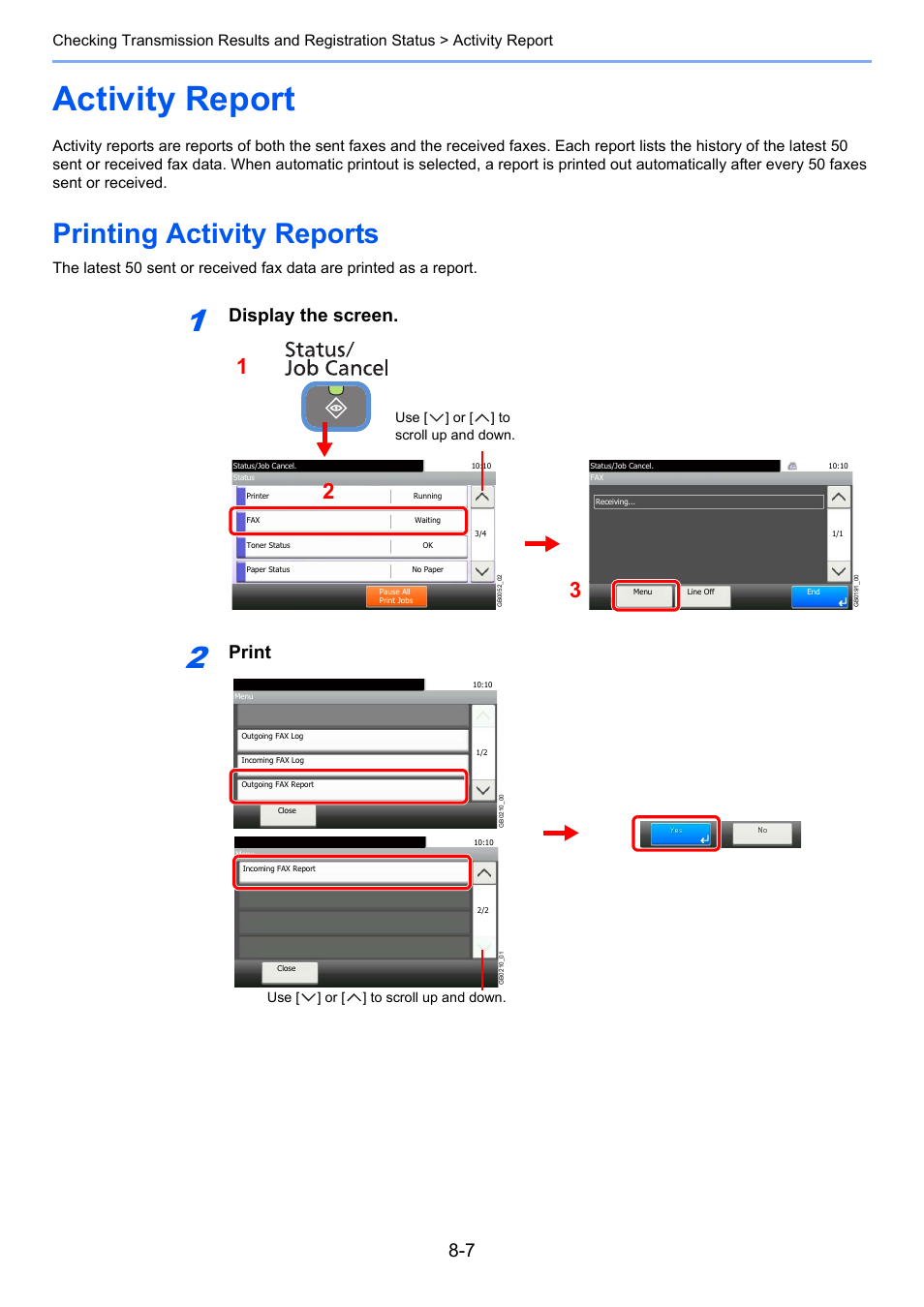 Activity report, Printing activity reports, Activity report -7 | Printing activity reports -7, Display the screen, Print | TA Triumph-Adler DC 6025 User Manual | Page 155 / 216