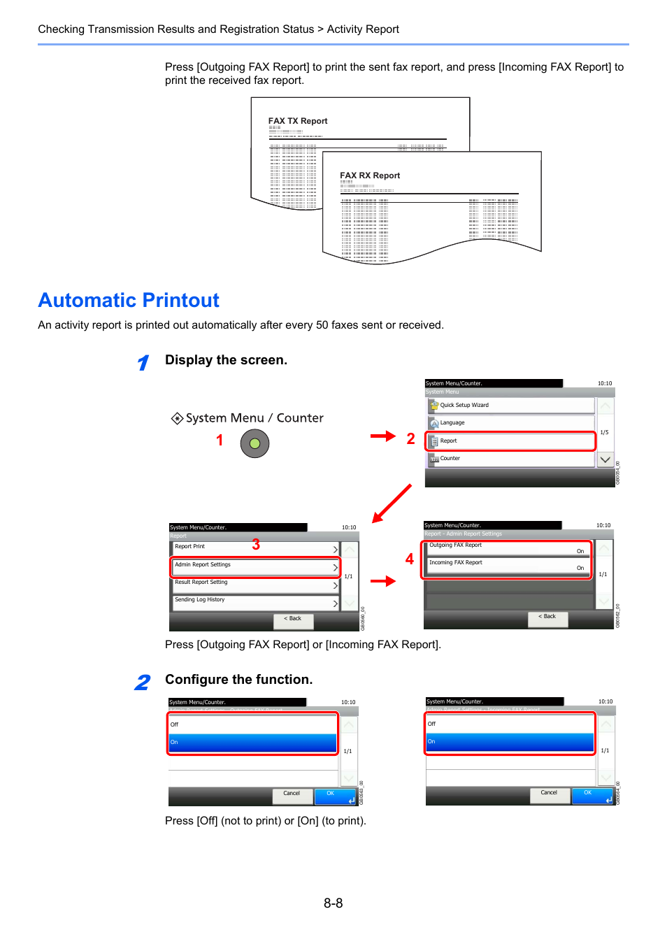 Automatic printout, Automatic printout -8, Display the screen | Configure the function, Press [off] (not to print) or [on] (to print) | TA Triumph-Adler DC 6025 User Manual | Page 156 / 216