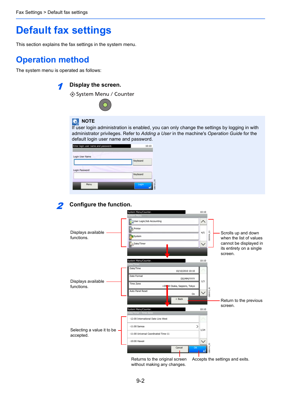 Default fax settings, Operation method, Default fax settings -2 | Operation method -2, Display the screen, Configure the function, Fax settings > default fax settings, The system menu is operated as follows | TA Triumph-Adler DC 6025 User Manual | Page 163 / 216