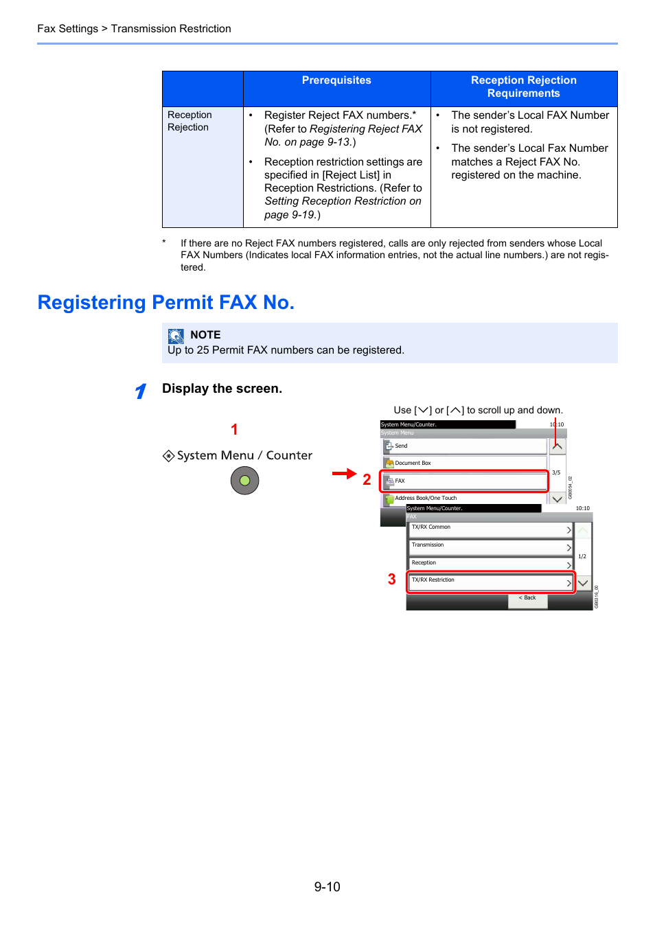 Registering permit fax no, Registering permit fax no -10, Display the screen | TA Triumph-Adler DC 6025 User Manual | Page 171 / 216