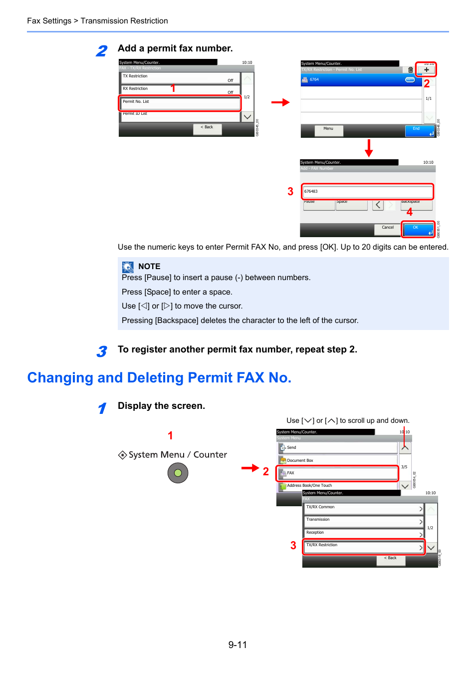 Changing and deleting permit fax no, Changing and deleting permit fax no -11, Add a permit fax number | Display the screen, Fax settings > transmission restriction | TA Triumph-Adler DC 6025 User Manual | Page 172 / 216