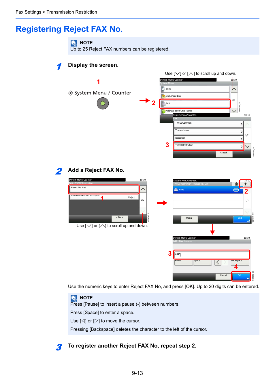 Registering reject fax no, Registering reject fax no -13, Display the screen | Add a reject fax no, Fax settings > transmission restriction | TA Triumph-Adler DC 6025 User Manual | Page 174 / 216