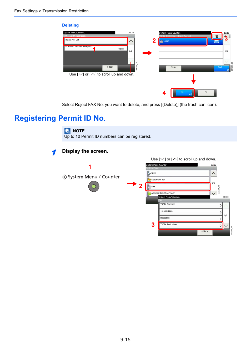 Registering permit id no, Registering permit id no -15, Display the screen | TA Triumph-Adler DC 6025 User Manual | Page 176 / 216