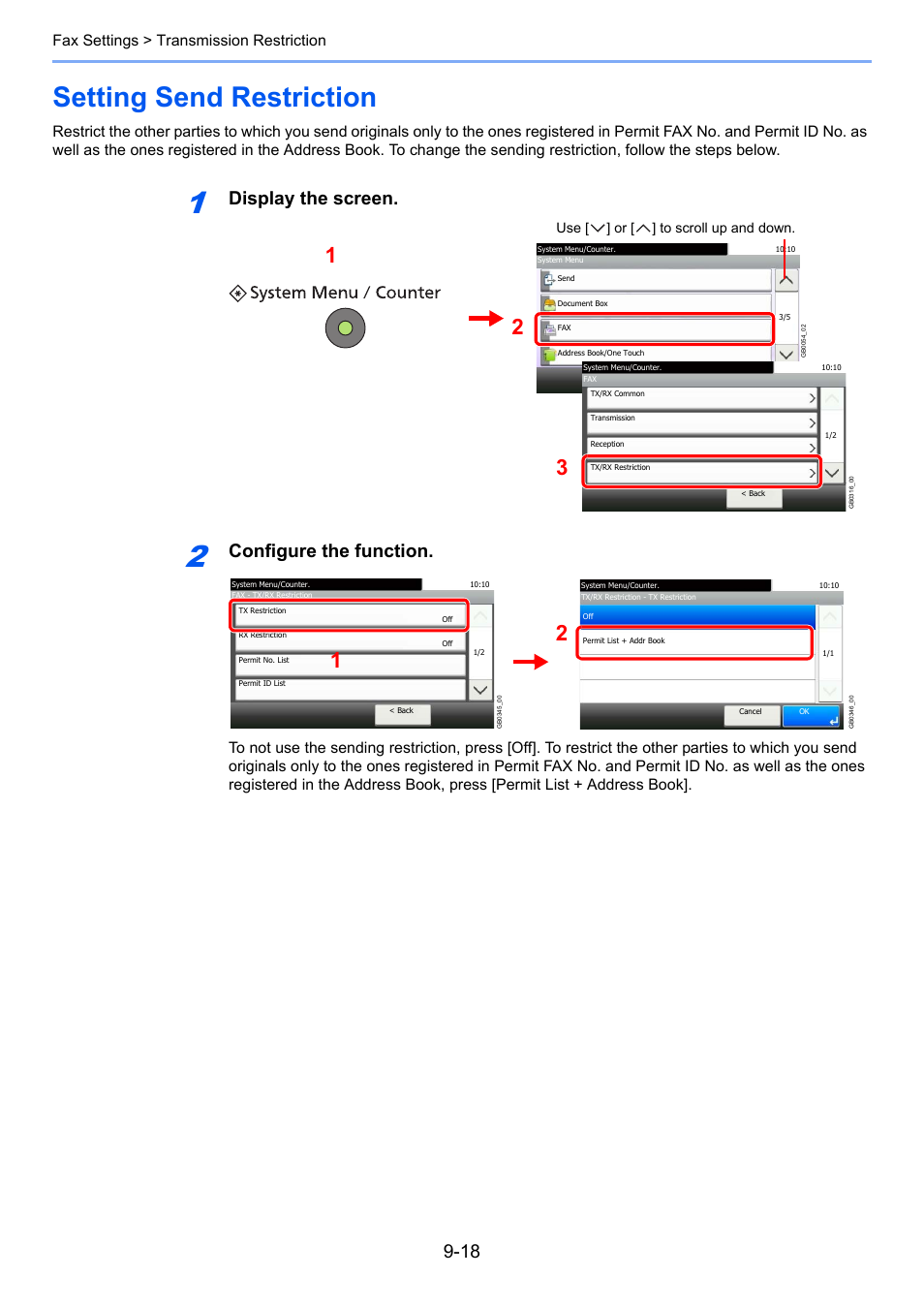 Setting send restriction, Setting send restriction -18, Display the screen | Configure the function, Fax settings > transmission restriction | TA Triumph-Adler DC 6025 User Manual | Page 179 / 216