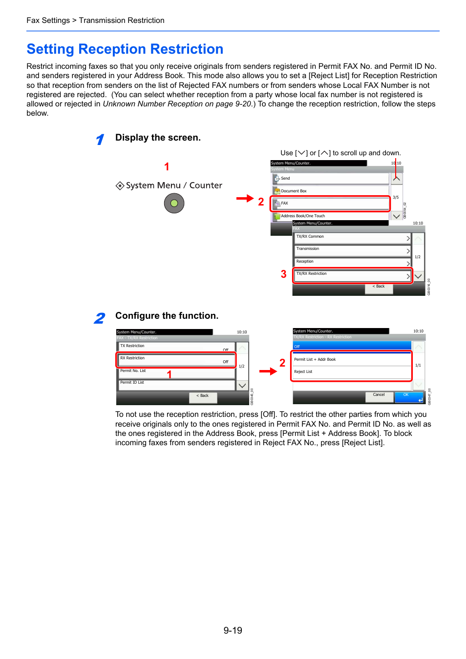 Setting reception restriction, Setting reception restriction -19, Display the screen | Configure the function, Fax settings > transmission restriction | TA Triumph-Adler DC 6025 User Manual | Page 180 / 216