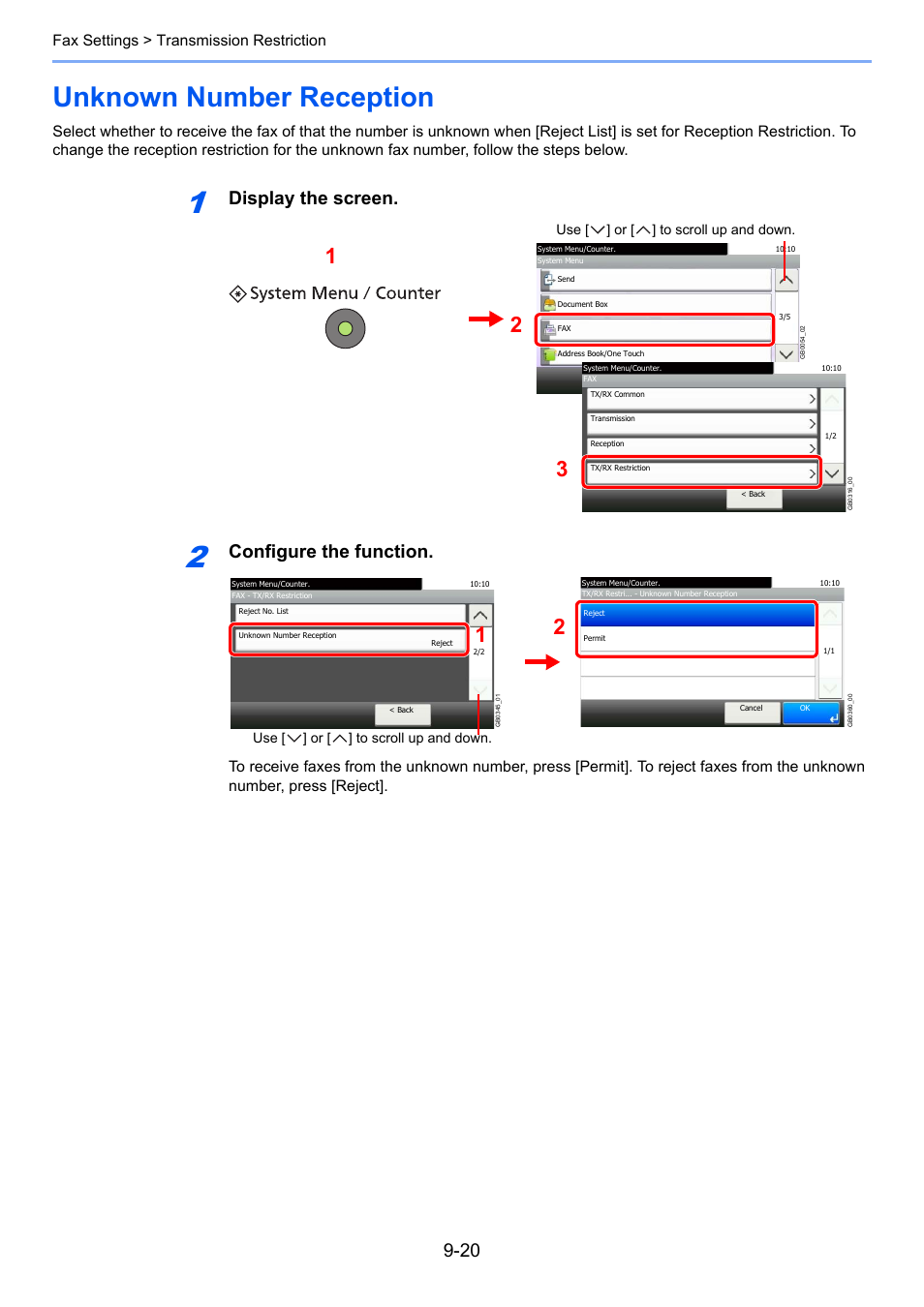 Unknown number reception, Unknown number reception -20, Display the screen | Configure the function, Fax settings > transmission restriction | TA Triumph-Adler DC 6025 User Manual | Page 181 / 216