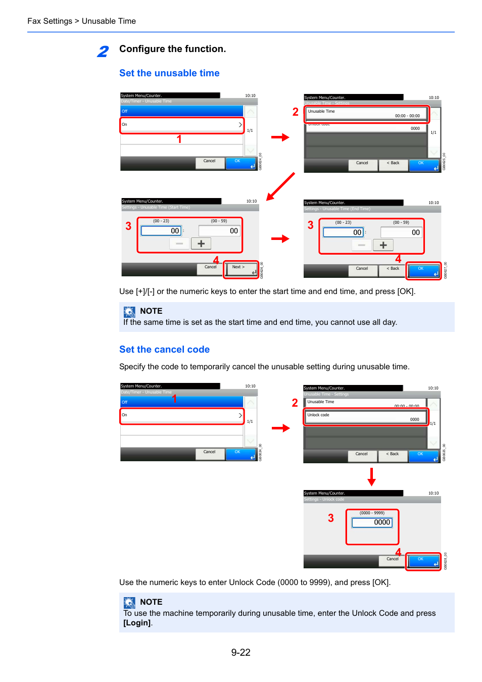Configure the function. set the unusable time, Set the cancel code, Fax settings > unusable time | TA Triumph-Adler DC 6025 User Manual | Page 183 / 216