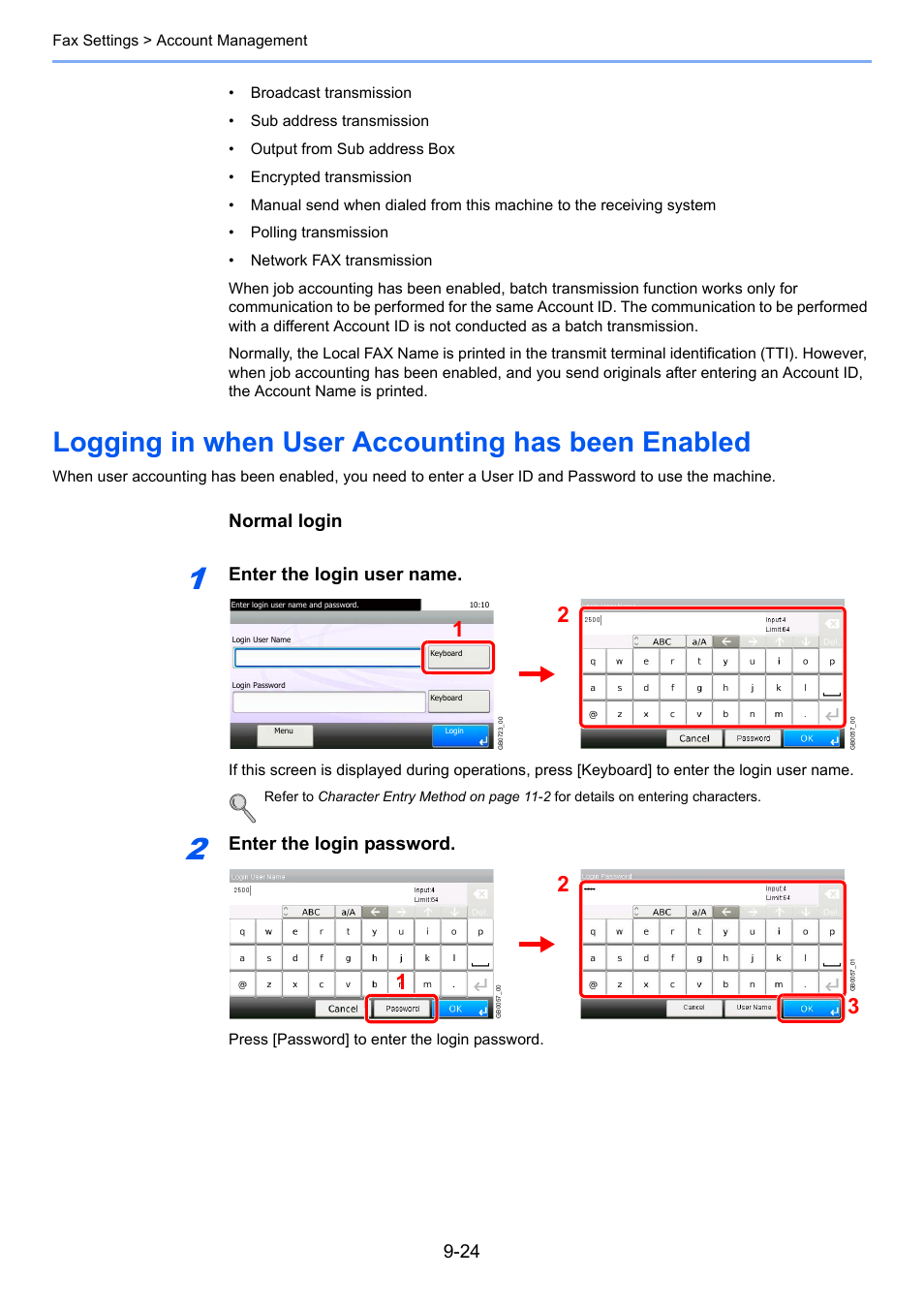 Logging in when user accounting has been enabled, Normal login, Enter the login user name | Enter the login password | TA Triumph-Adler DC 6025 User Manual | Page 185 / 216