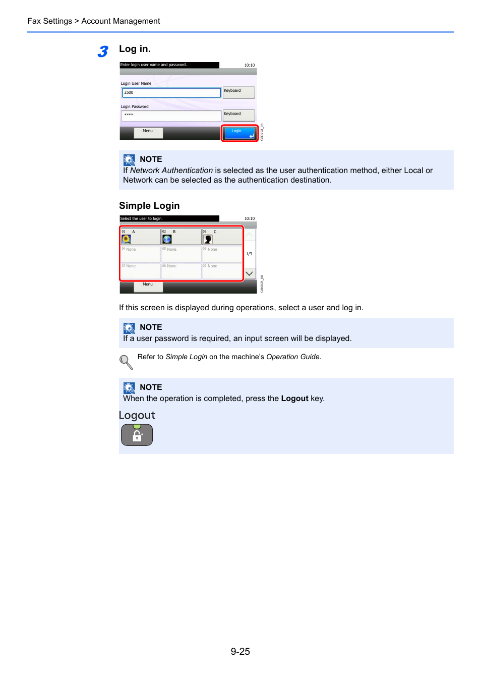 Log in. simple login, Fax settings > account management | TA Triumph-Adler DC 6025 User Manual | Page 186 / 216