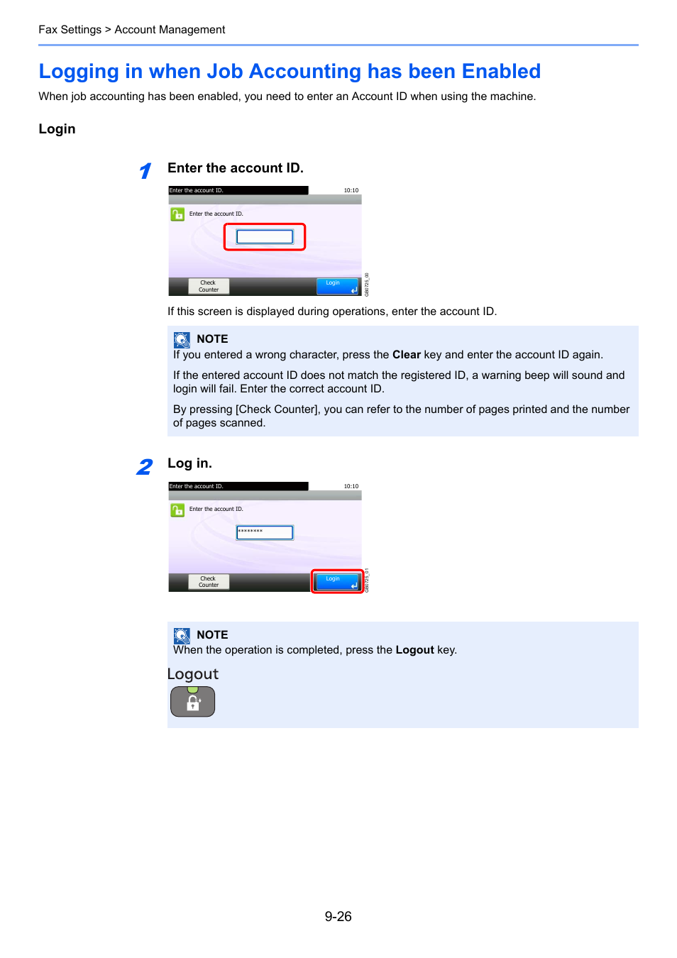 Logging in when job accounting has been enabled, Login, Enter the account id | Log in | TA Triumph-Adler DC 6025 User Manual | Page 187 / 216
