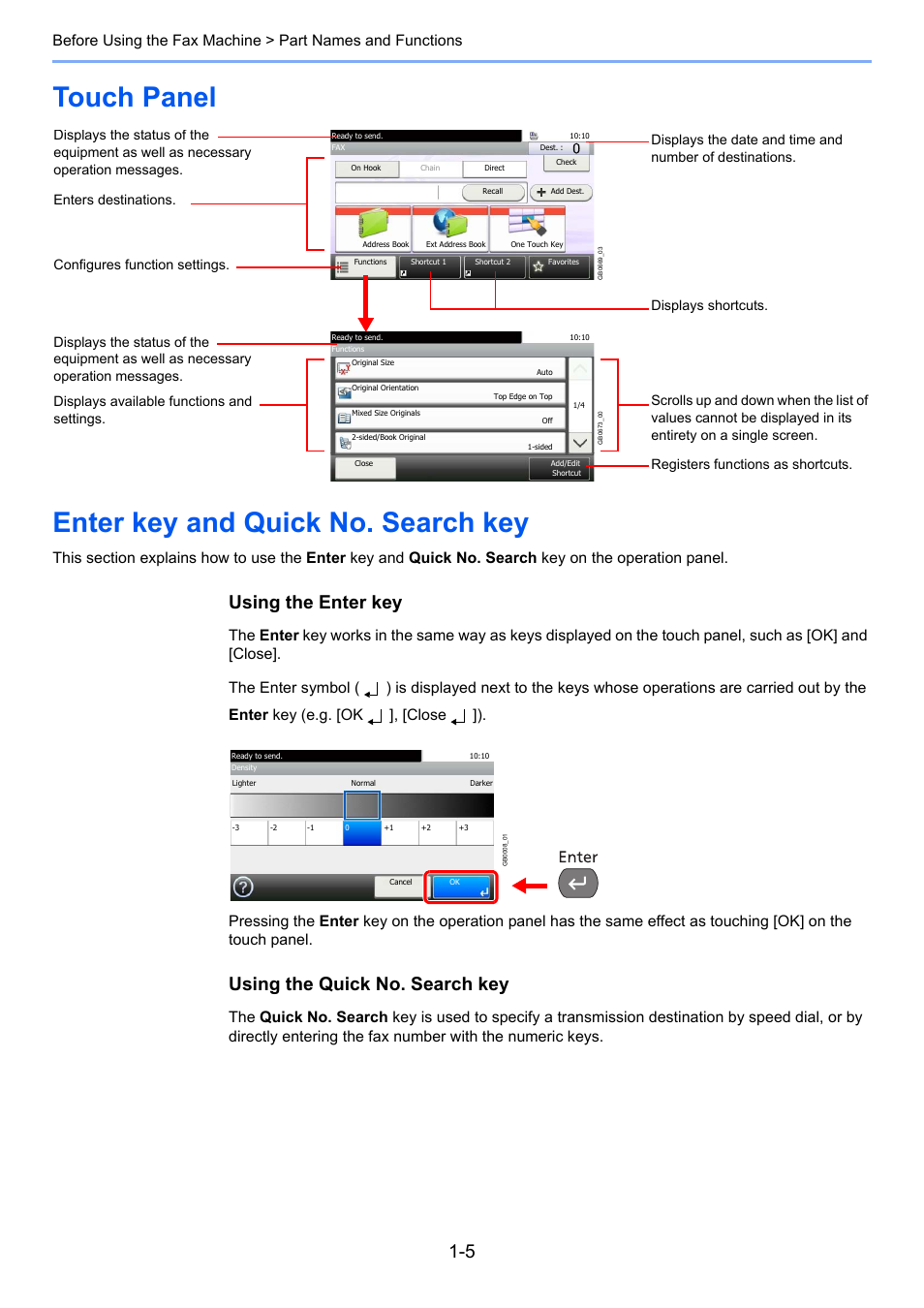 Touch panel, Enter key and quick no. search key, Touch panel enter key and quick no. search key | Using the enter key, Using the quick no. search key | TA Triumph-Adler DC 6025 User Manual | Page 20 / 216