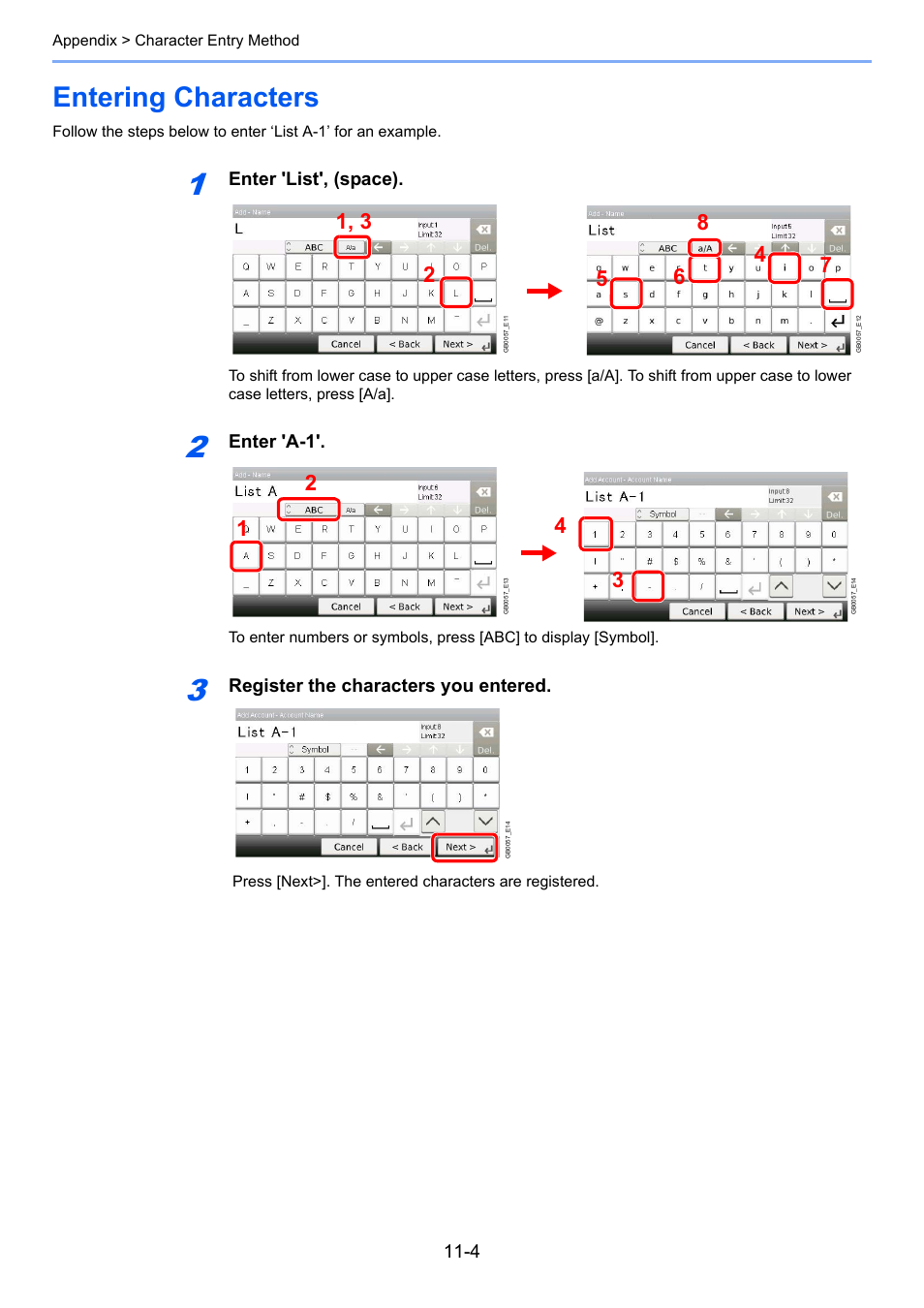 Entering characters, Entering characters -4, Enter 'list', (space) | Enter 'a-1, Register the characters you entered | TA Triumph-Adler DC 6025 User Manual | Page 200 / 216