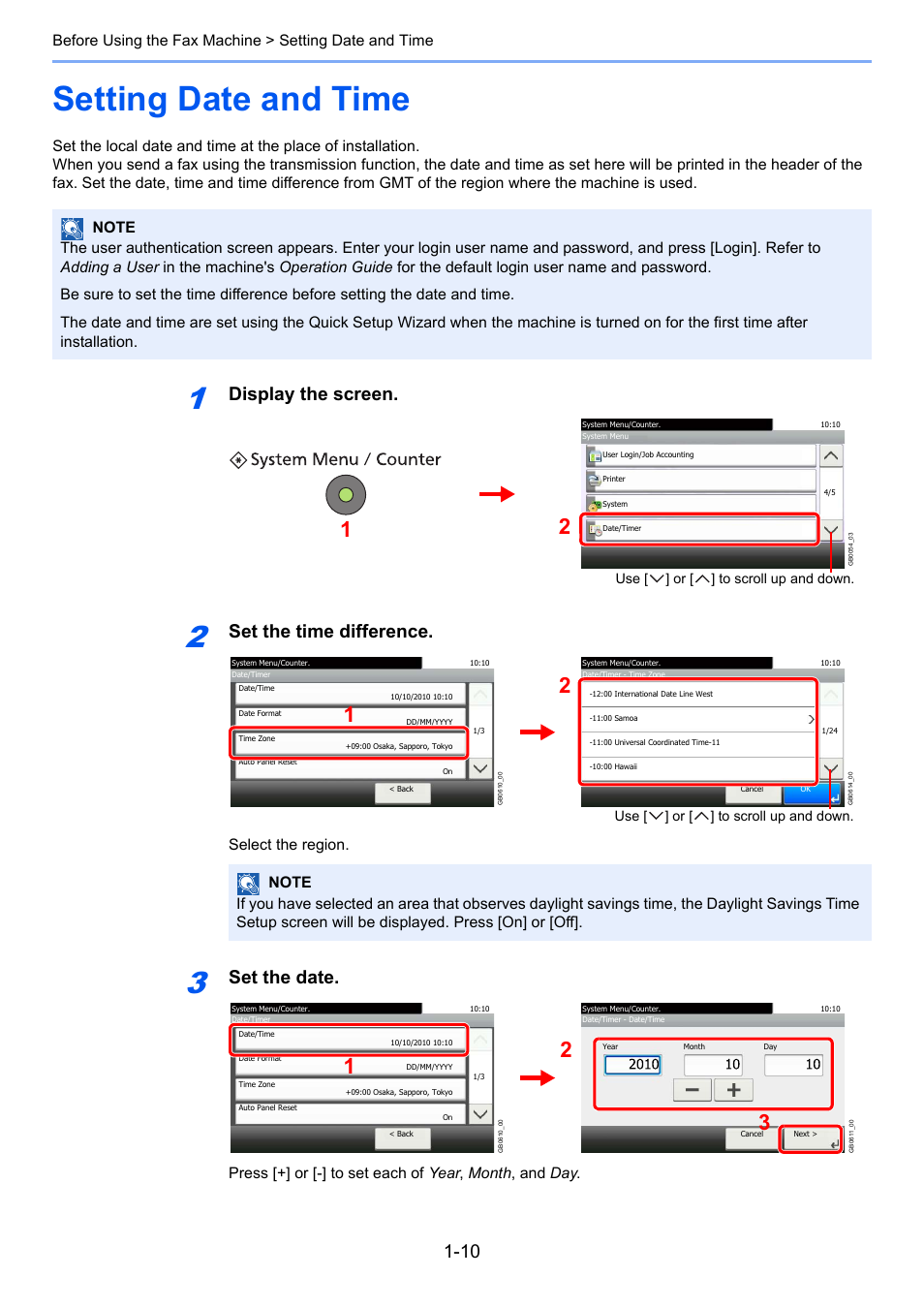 Setting date and time, Setting date and time -10, Display the screen | Set the time difference, Set the date, Select the region | TA Triumph-Adler DC 6025 User Manual | Page 25 / 216