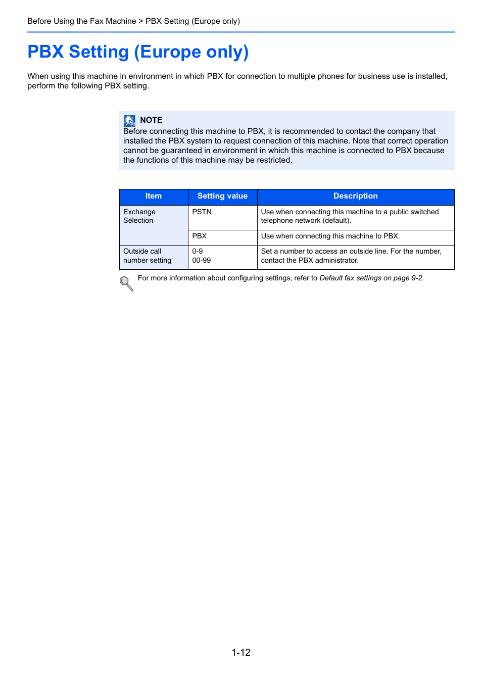 Pbx setting (europe only), Pbx setting (europe only) -12 | TA Triumph-Adler DC 6025 User Manual | Page 27 / 216