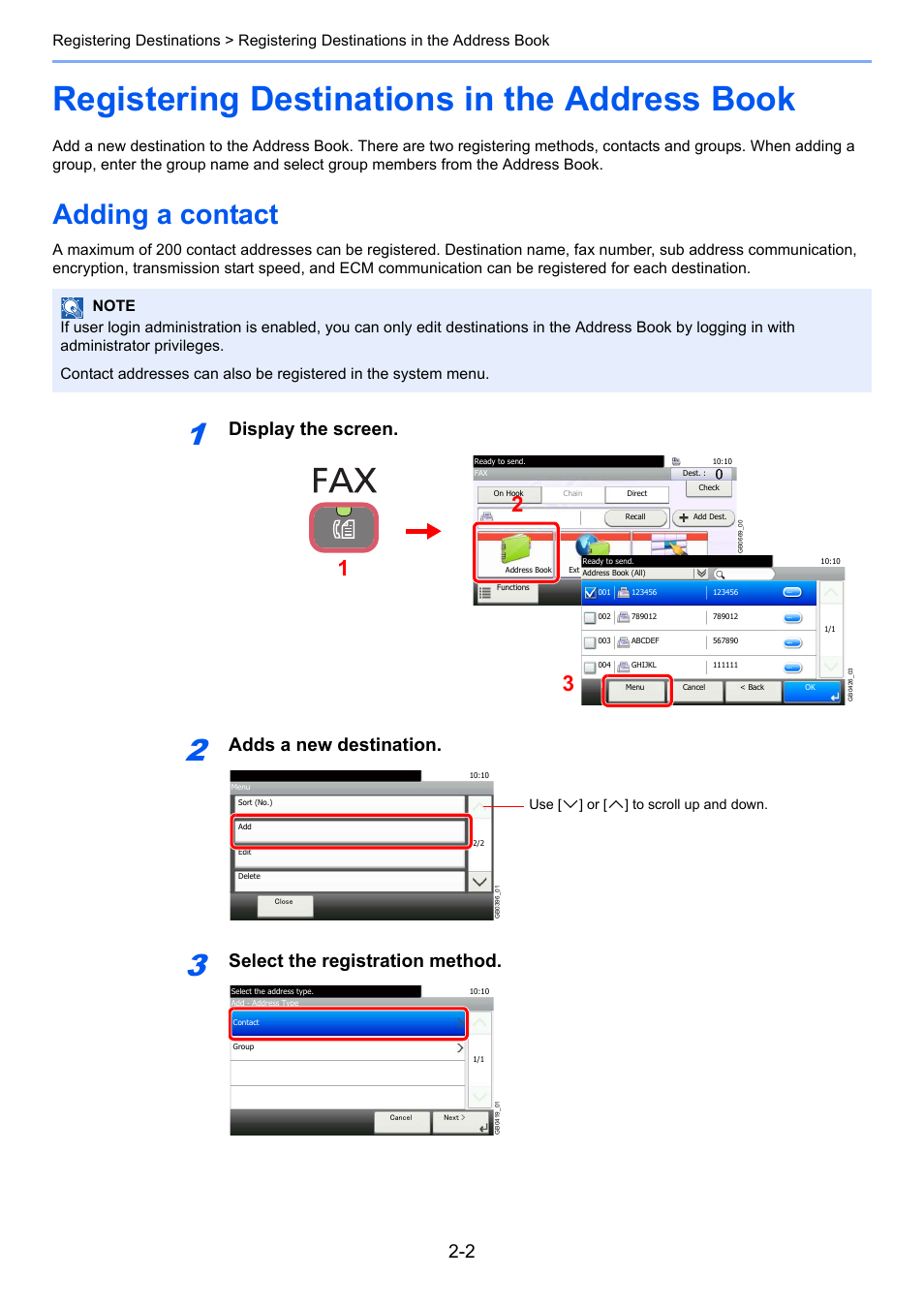 Registering destinations in the address book, Adding a contact, Registering destinations in the address book -2 | Adding a contact -2, Display the screen, Adds a new destination, Select the registration method | TA Triumph-Adler DC 6025 User Manual | Page 29 / 216