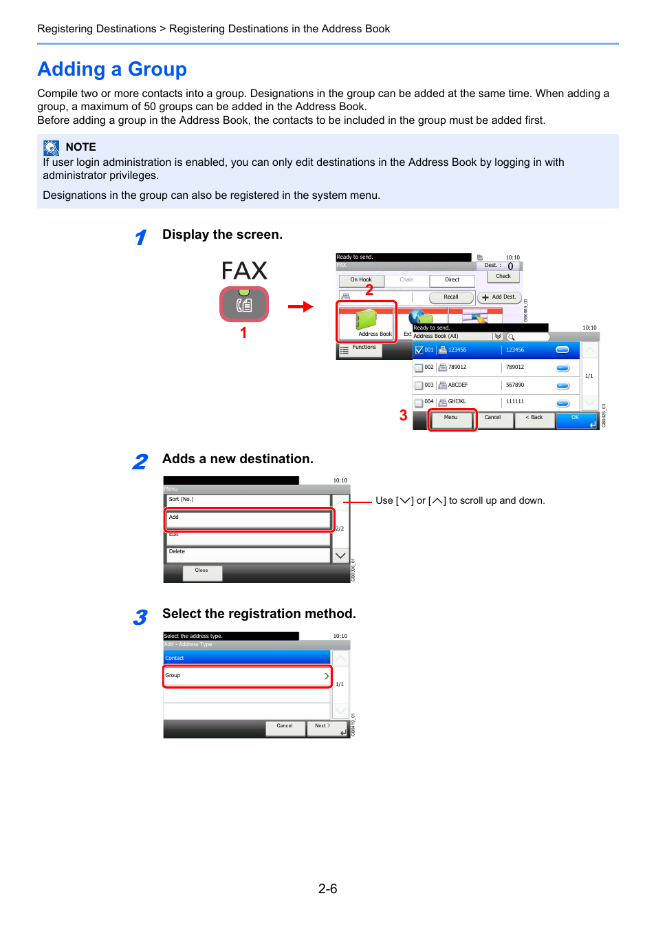 Adding a group, Adding a group -6, Display the screen | Adds a new destination, Select the registration method, Use [ ] or [ ] to scroll up and down | TA Triumph-Adler DC 6025 User Manual | Page 33 / 216