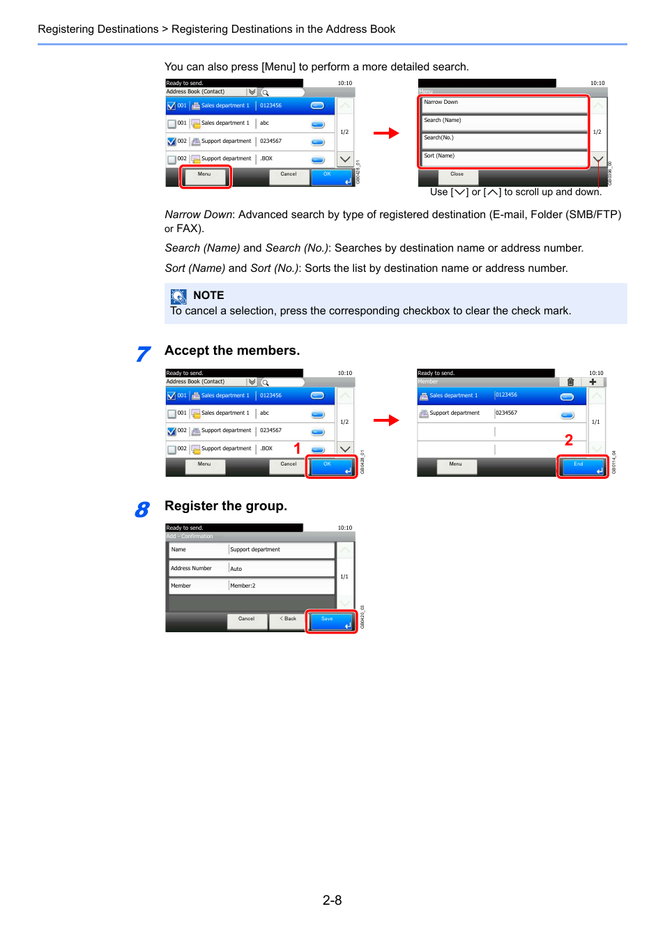 Accept the members, Register the group, Use [ ] or [ ] to scroll up and down | TA Triumph-Adler DC 6025 User Manual | Page 35 / 216