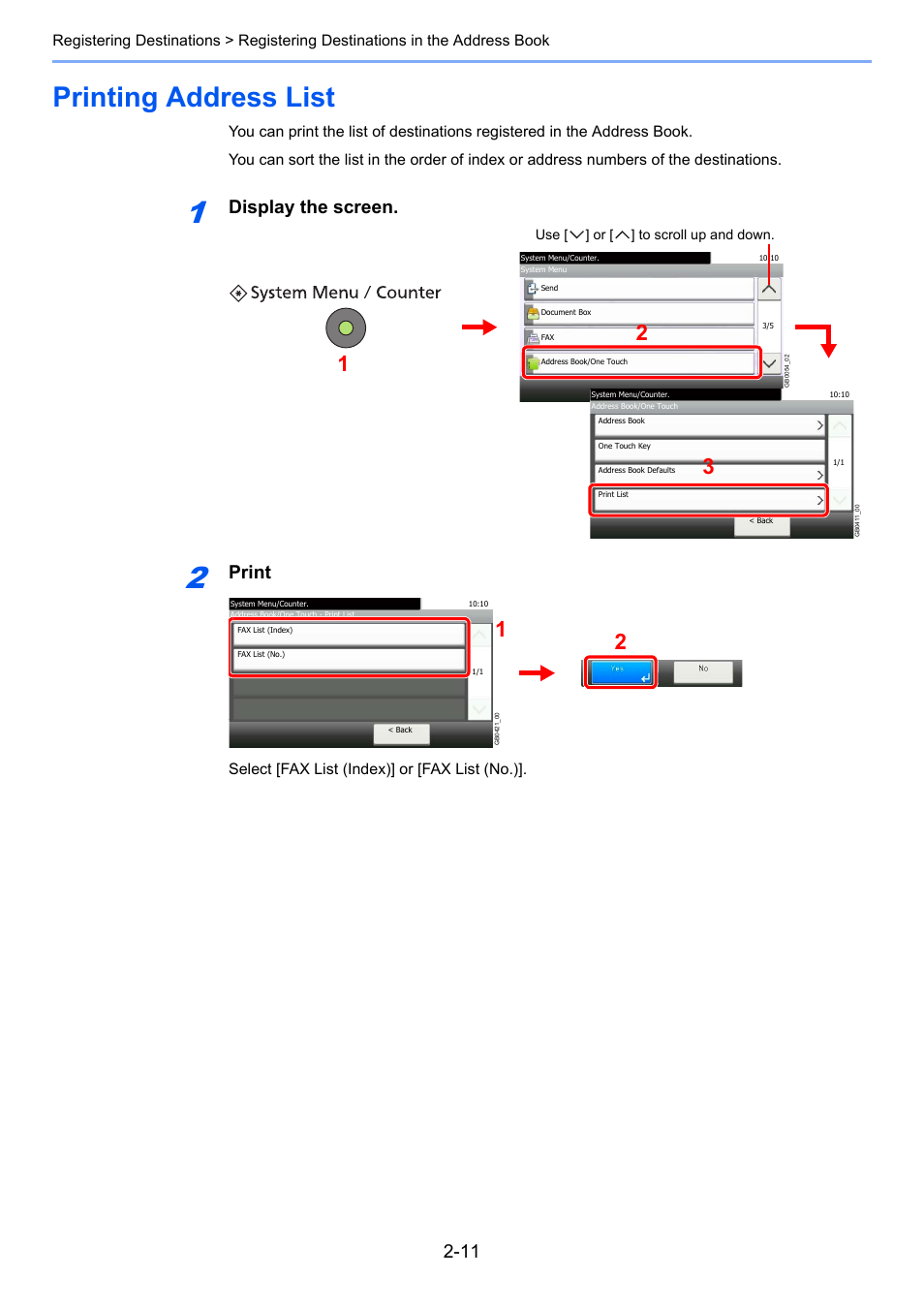 Printing address list, Printing address list -11, Display the screen | Print | TA Triumph-Adler DC 6025 User Manual | Page 38 / 216
