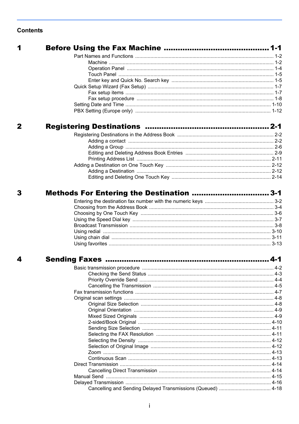 1before using the fax machine -1, 2registering destinations -1, 3methods for entering the destination -1 | 4sending faxes -1 | TA Triumph-Adler DC 6025 User Manual | Page 4 / 216