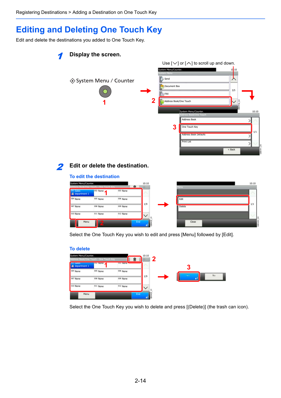 Editing and deleting one touch key, Editing and deleting one touch key -14, Display the screen | Edit or delete the destination, Use [ ] or [ ] to scroll up and down | TA Triumph-Adler DC 6025 User Manual | Page 41 / 216