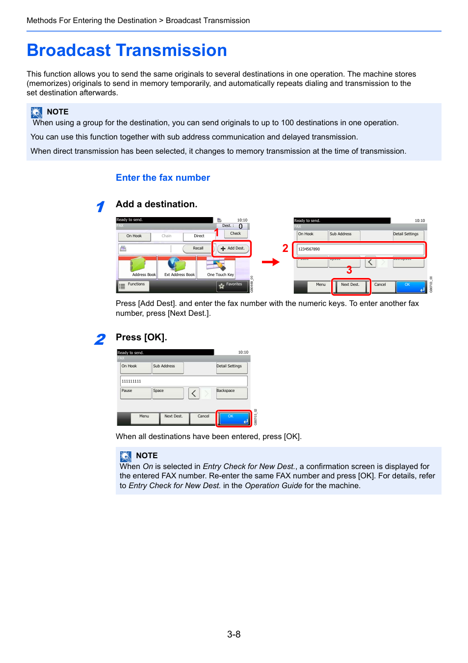 Broadcast transmission, Broadcast transmission -8, Enter the fax number | Add a destination, Press [ok | TA Triumph-Adler DC 6025 User Manual | Page 49 / 216