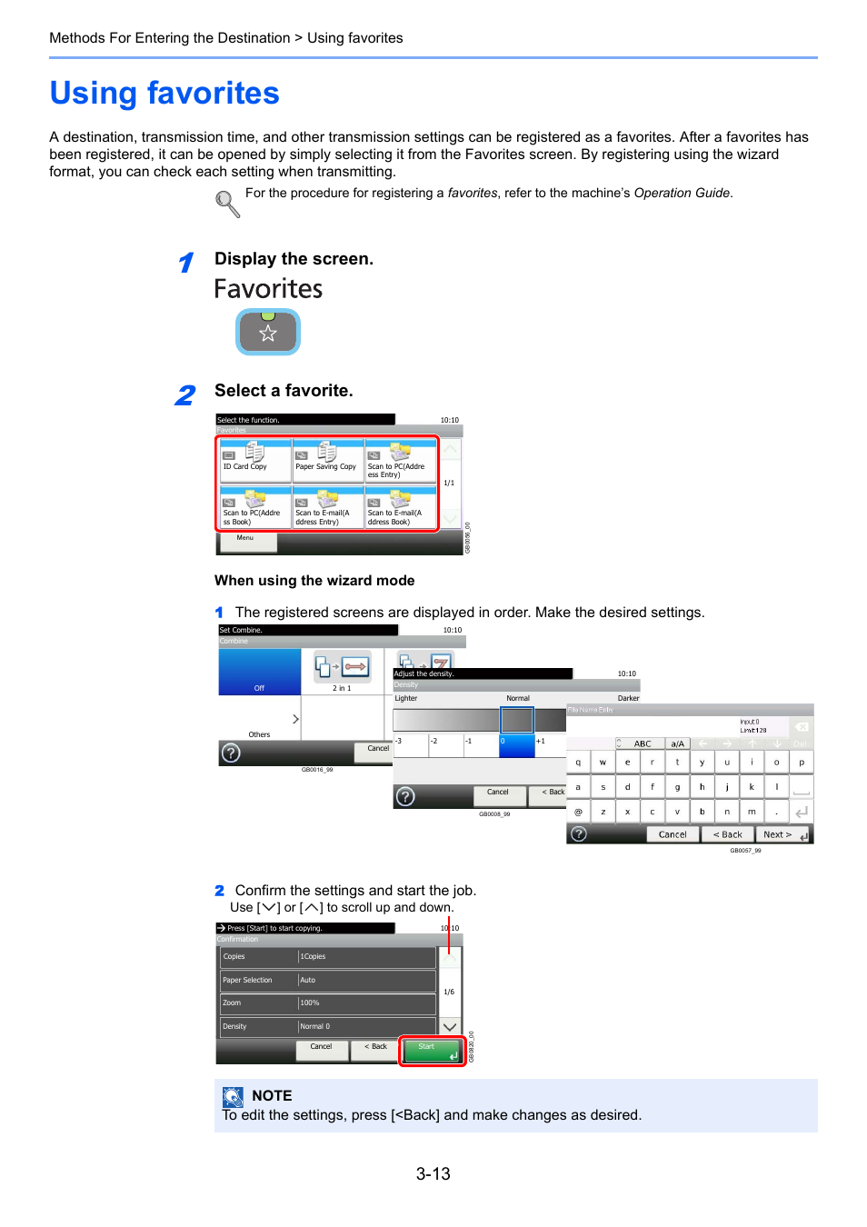 Using favorites, Using favorites -13, Display the screen | Select a favorite, Use [ ] or [ ] to scroll up and down | TA Triumph-Adler DC 6025 User Manual | Page 54 / 216
