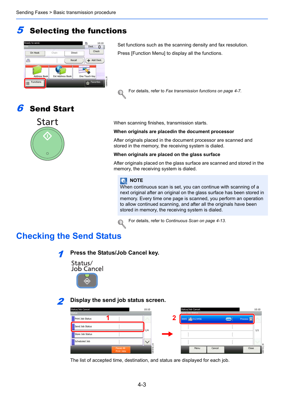 Checking the send status, Checking the send status -3, Selecting the functions | Send start, Press the status/job cancel key, Display the send job status screen | TA Triumph-Adler DC 6025 User Manual | Page 58 / 216