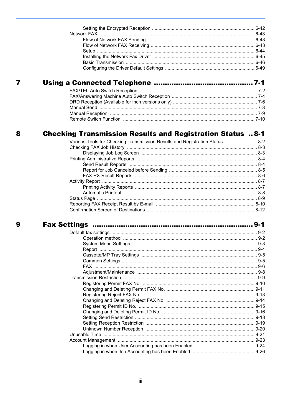 7using a connected telephone -1, 9fax settings -1 | TA Triumph-Adler DC 6025 User Manual | Page 6 / 216