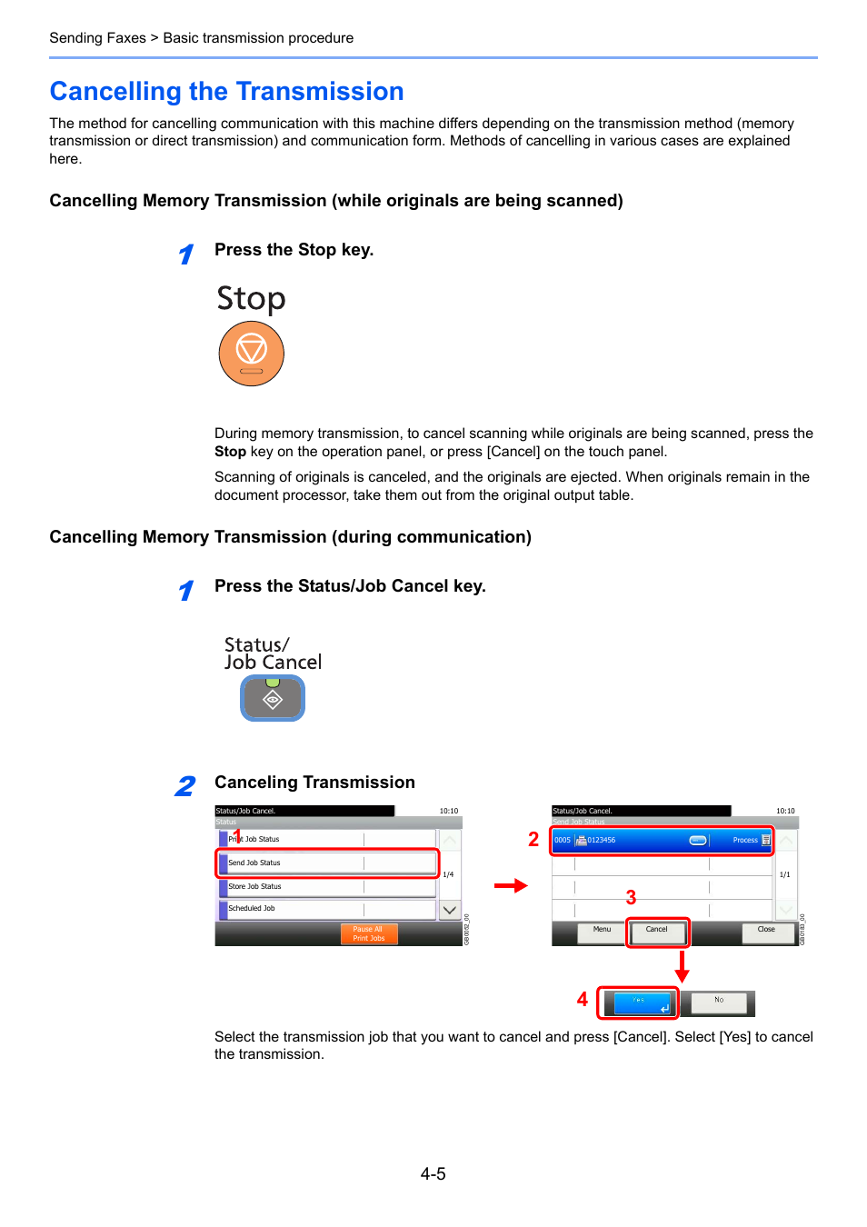 Cancelling the transmission, Cancelling the transmission -5, Press the stop key | Press the status/job cancel key, Canceling transmission | TA Triumph-Adler DC 6025 User Manual | Page 60 / 216