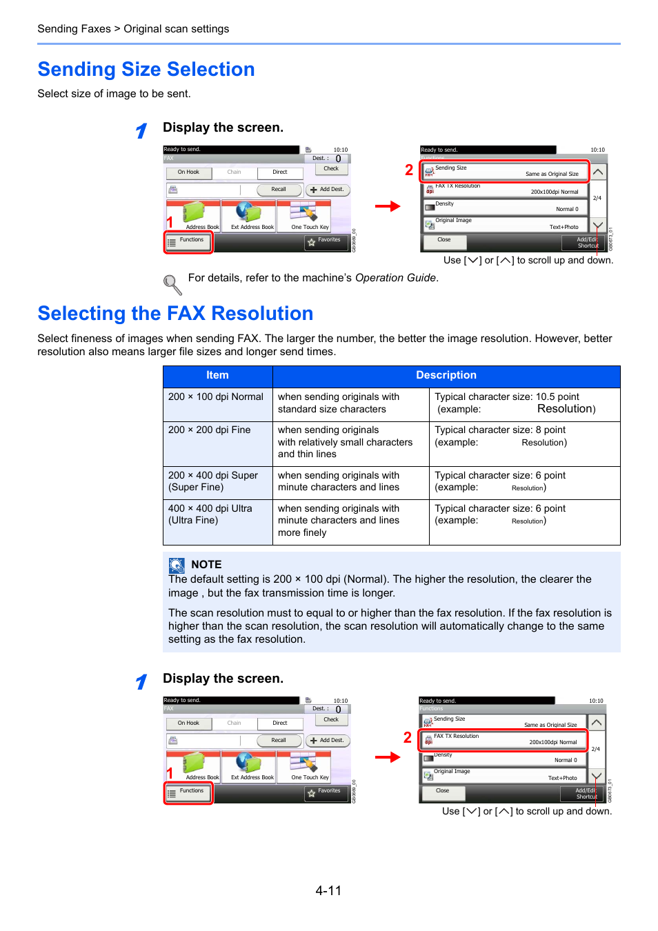 Sending size selection, Selecting the fax resolution, Display the screen | Resolution resolution, Sending faxes > original scan settings, Select size of image to be sent, Item description | TA Triumph-Adler DC 6025 User Manual | Page 66 / 216