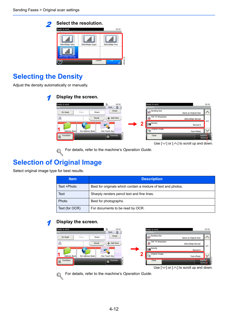 Selecting the density, Selection of original image, Select the resolution | Display the screen, Sending faxes > original scan settings, Adjust the density automatically or manually, Select original image type for best results | TA Triumph-Adler DC 6025 User Manual | Page 67 / 216