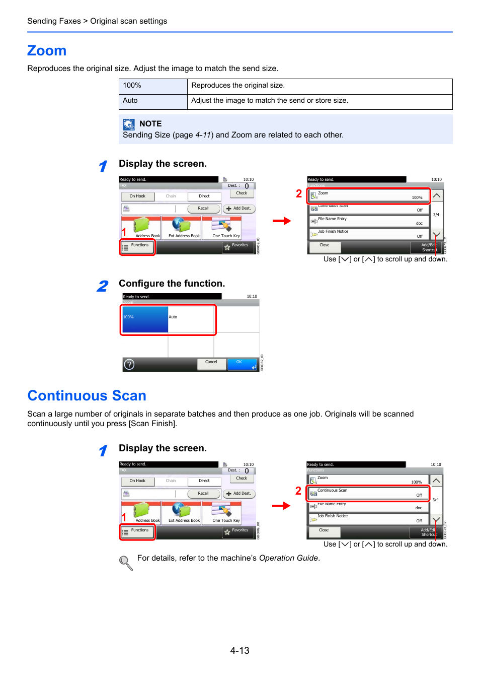 Zoom, Continuous scan, Zoom -13 continuous scan -13 | Display the screen, Configure the function, Sending faxes > original scan settings, Use [ ] or [ ] to scroll up and down | TA Triumph-Adler DC 6025 User Manual | Page 68 / 216