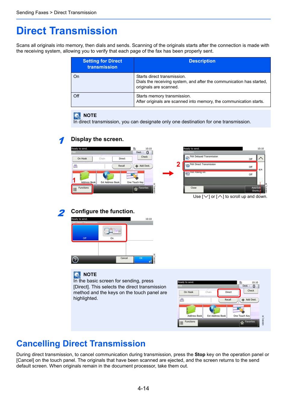 Direct transmission, Cancelling direct transmission, Direct transmission -14 | Cancelling direct transmission -14, Display the screen, Configure the function, Sending faxes > direct transmission | TA Triumph-Adler DC 6025 User Manual | Page 69 / 216