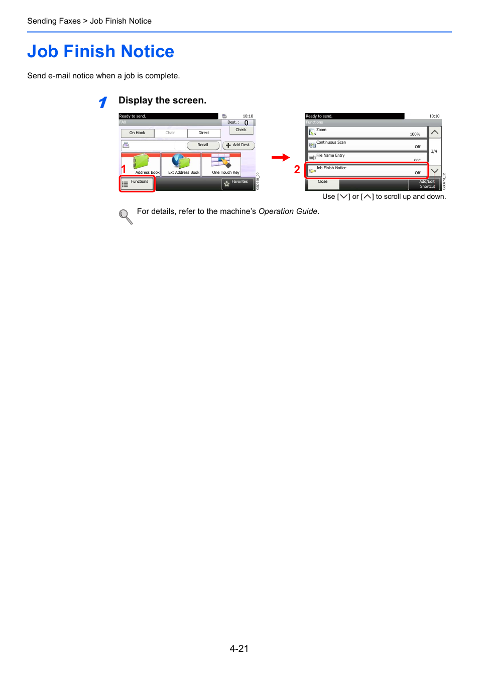 Job finish notice, Job finish notice -21, Display the screen | Sending faxes > job finish notice, Send e-mail notice when a job is complete | TA Triumph-Adler DC 6025 User Manual | Page 76 / 216