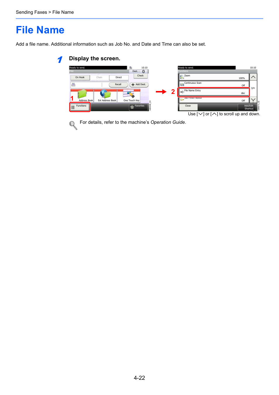 File name, File name -22, Display the screen | Sending faxes > file name | TA Triumph-Adler DC 6025 User Manual | Page 77 / 216