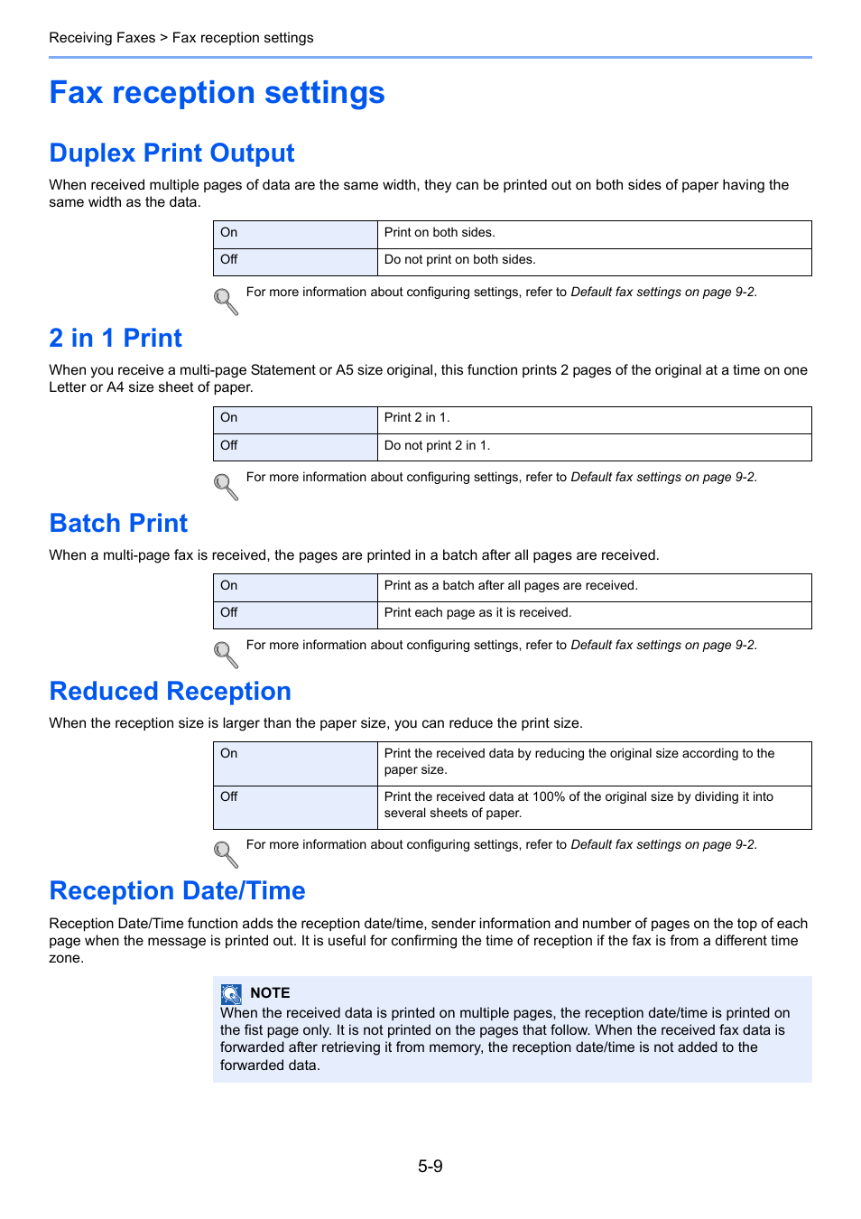 Fax reception settings, Duplex print output, 2 in 1 print | Batch print, Reduced reception, Reception date/time, Fax reception settings -9 | TA Triumph-Adler DC 6025 User Manual | Page 86 / 216