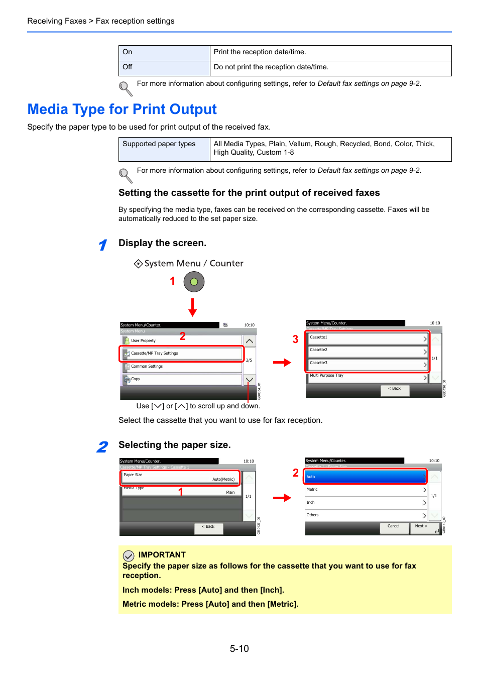 Media type for print output, Media type for print output -10, Display the screen | Selecting the paper size, Receiving faxes > fax reception settings | TA Triumph-Adler DC 6025 User Manual | Page 87 / 216