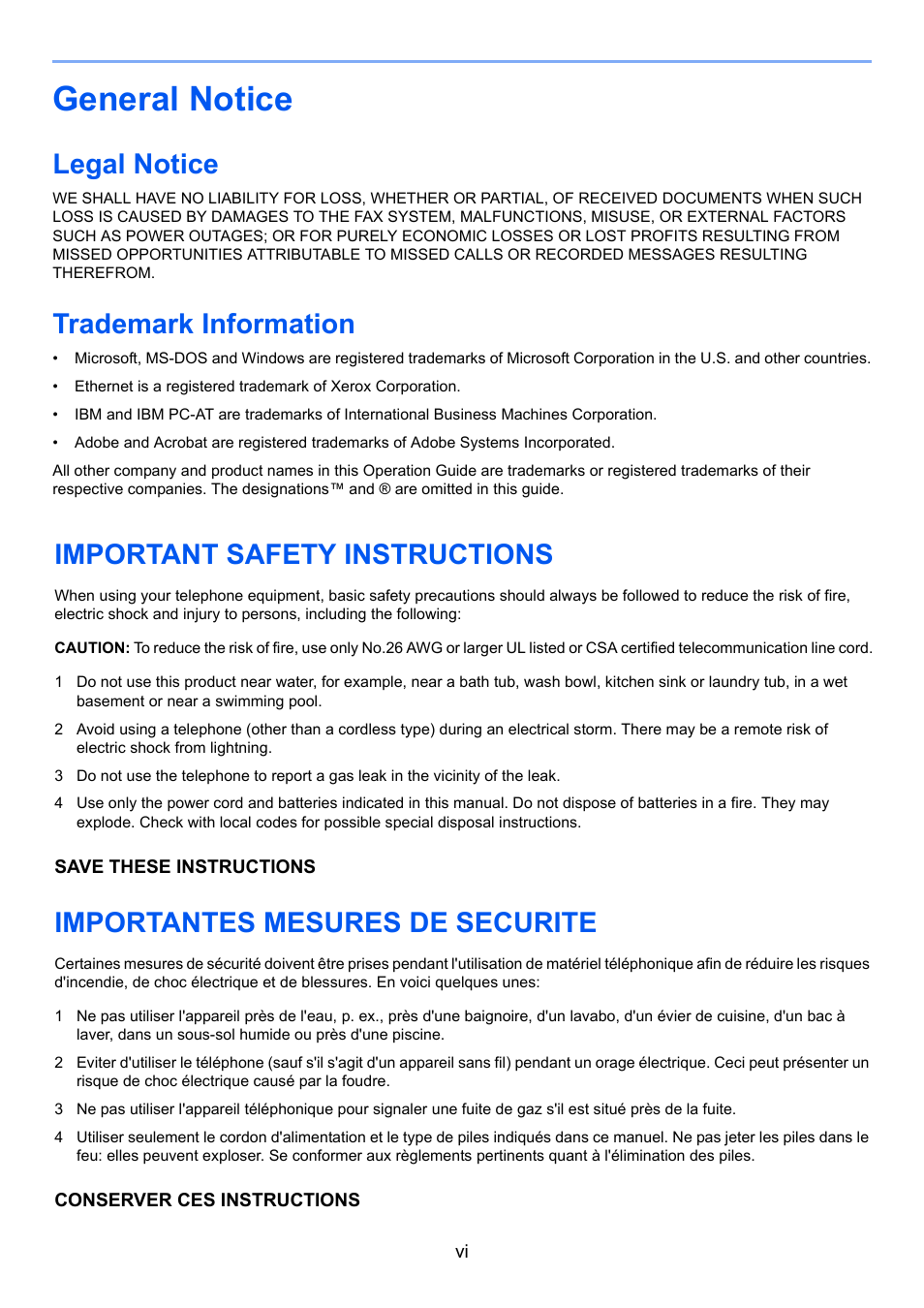 General notice, Legal notice, Trademark information | Importantes mesures de securite, Important safety instructions | TA Triumph-Adler DC 6025 User Manual | Page 9 / 216
