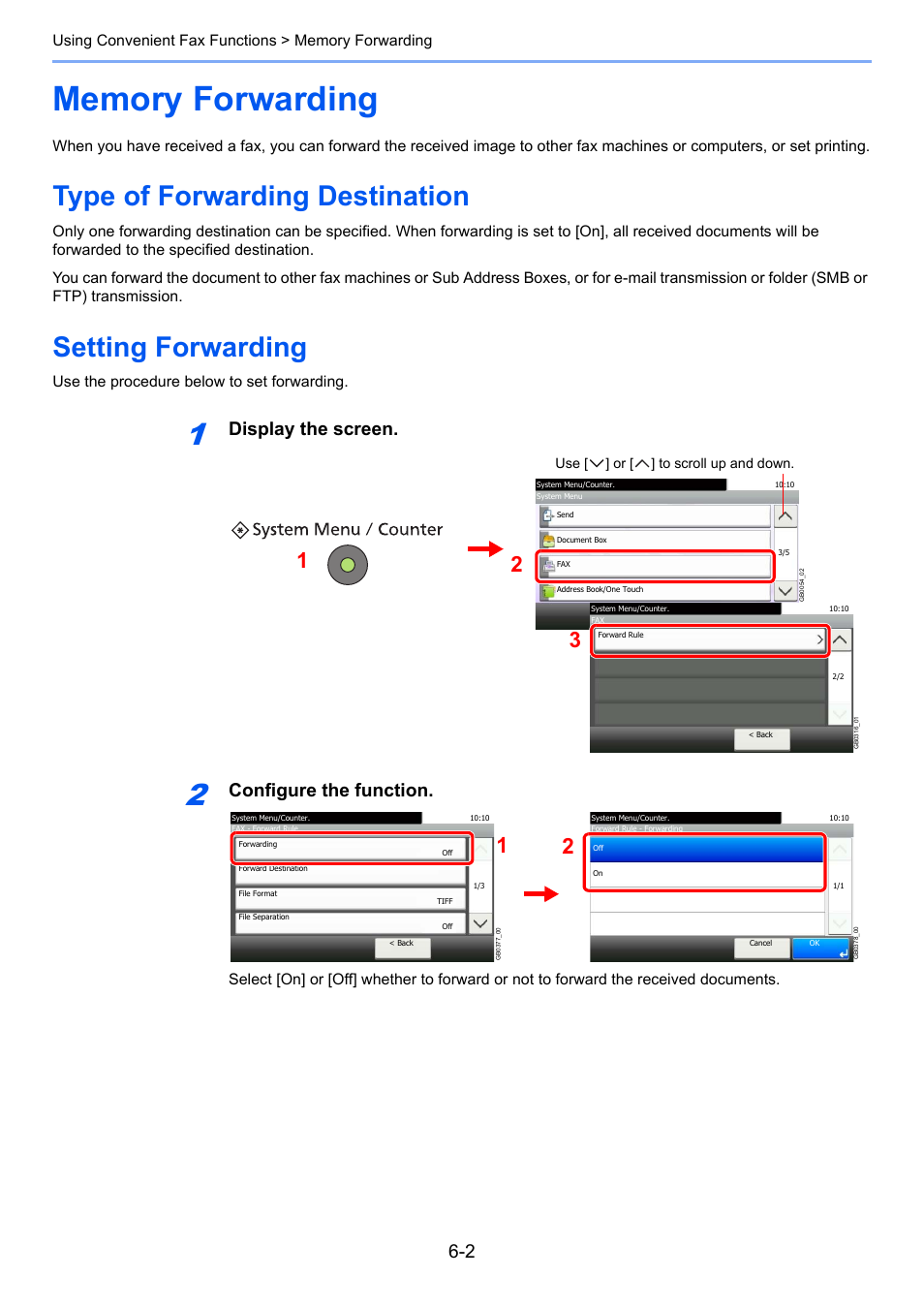 Memory forwarding, Type of forwarding destination, Setting forwarding | Memory forwarding -2, Display the screen, Configure the function | TA Triumph-Adler DC 6025 User Manual | Page 90 / 216