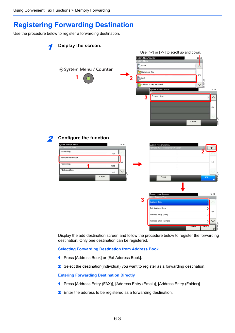 Registering forwarding destination, Registering forwarding destination -3, Display the screen | Configure the function | TA Triumph-Adler DC 6025 User Manual | Page 91 / 216