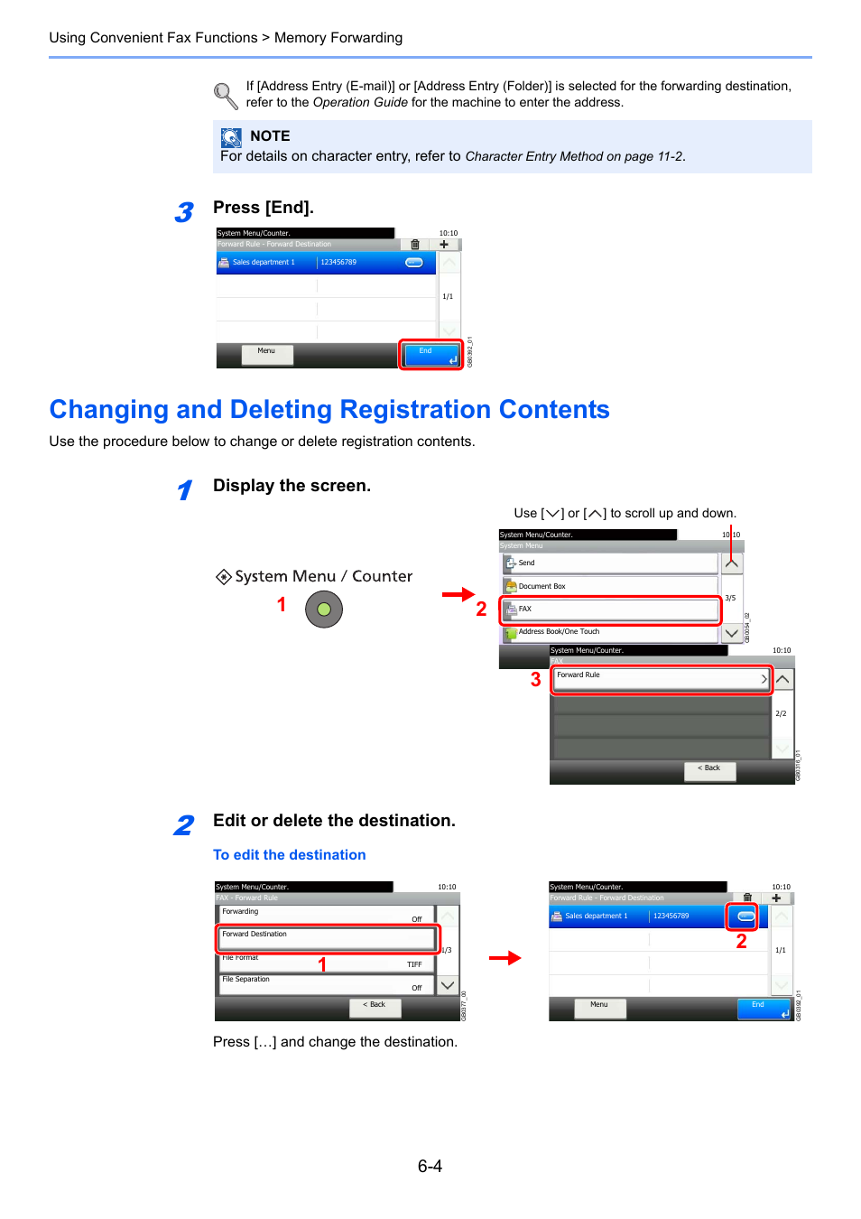 Changing and deleting registration contents, Changing and deleting registration contents -4, Press [end | Display the screen, Edit or delete the destination | TA Triumph-Adler DC 6025 User Manual | Page 92 / 216