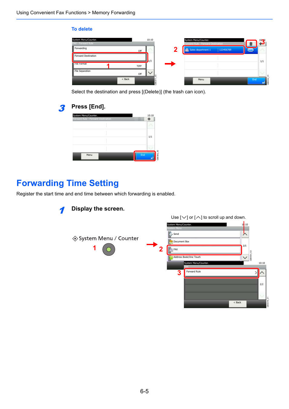 Forwarding time setting, Forwarding time setting -5, Press [end | Display the screen, Use [ ] or [ ] to scroll up and down | TA Triumph-Adler DC 6025 User Manual | Page 93 / 216
