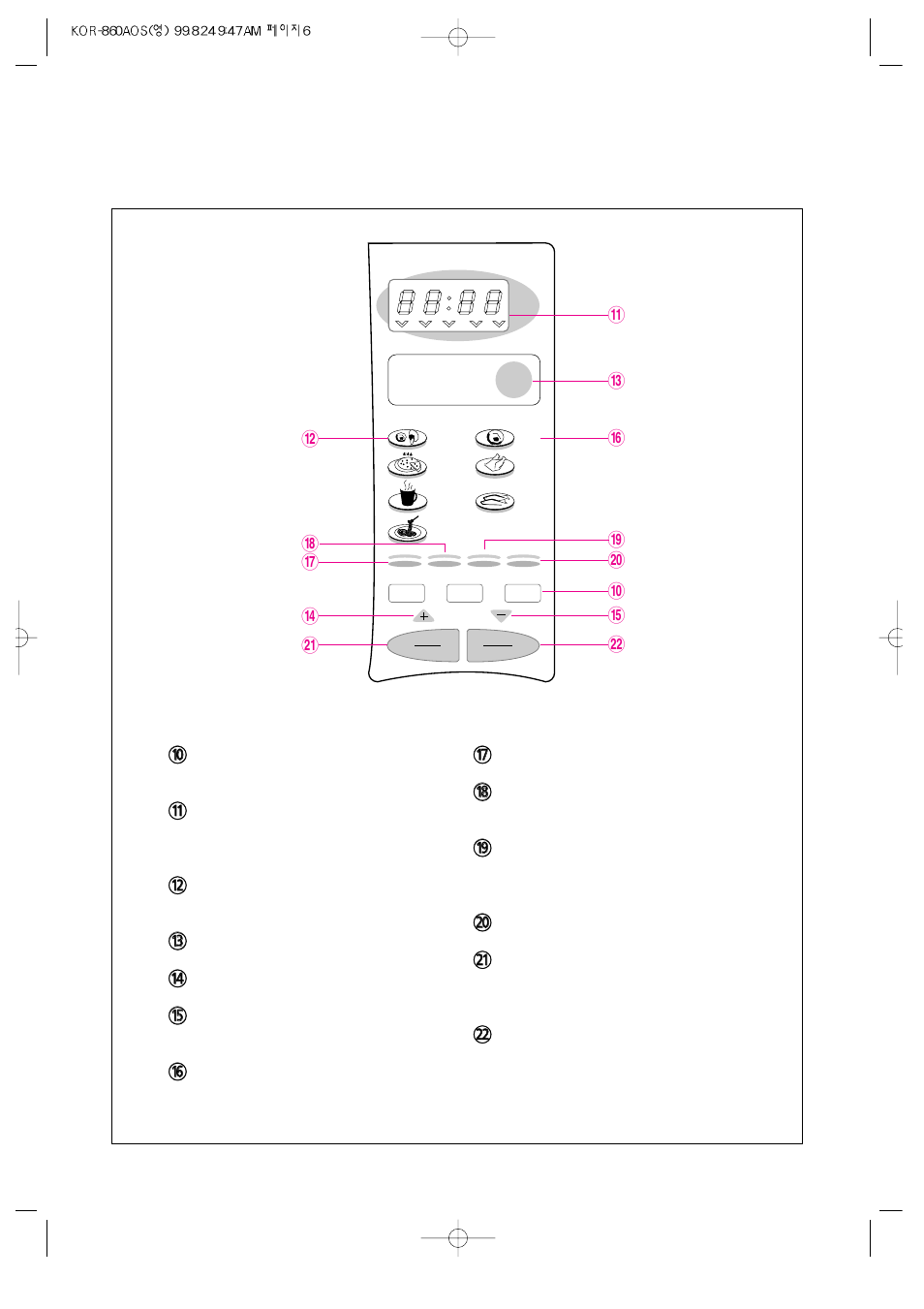 Features diagram, Continued) | Daewoo KOR-860A User Manual | Page 7 / 17