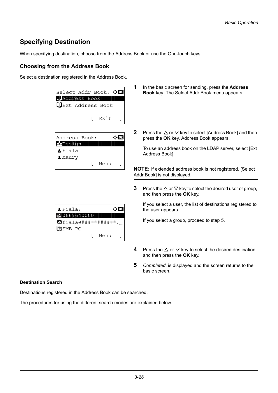 Specifying destination, Choosing from the address book, Specifying destination -26 | TA Triumph-Adler DC 6140L User Manual | Page 116 / 446