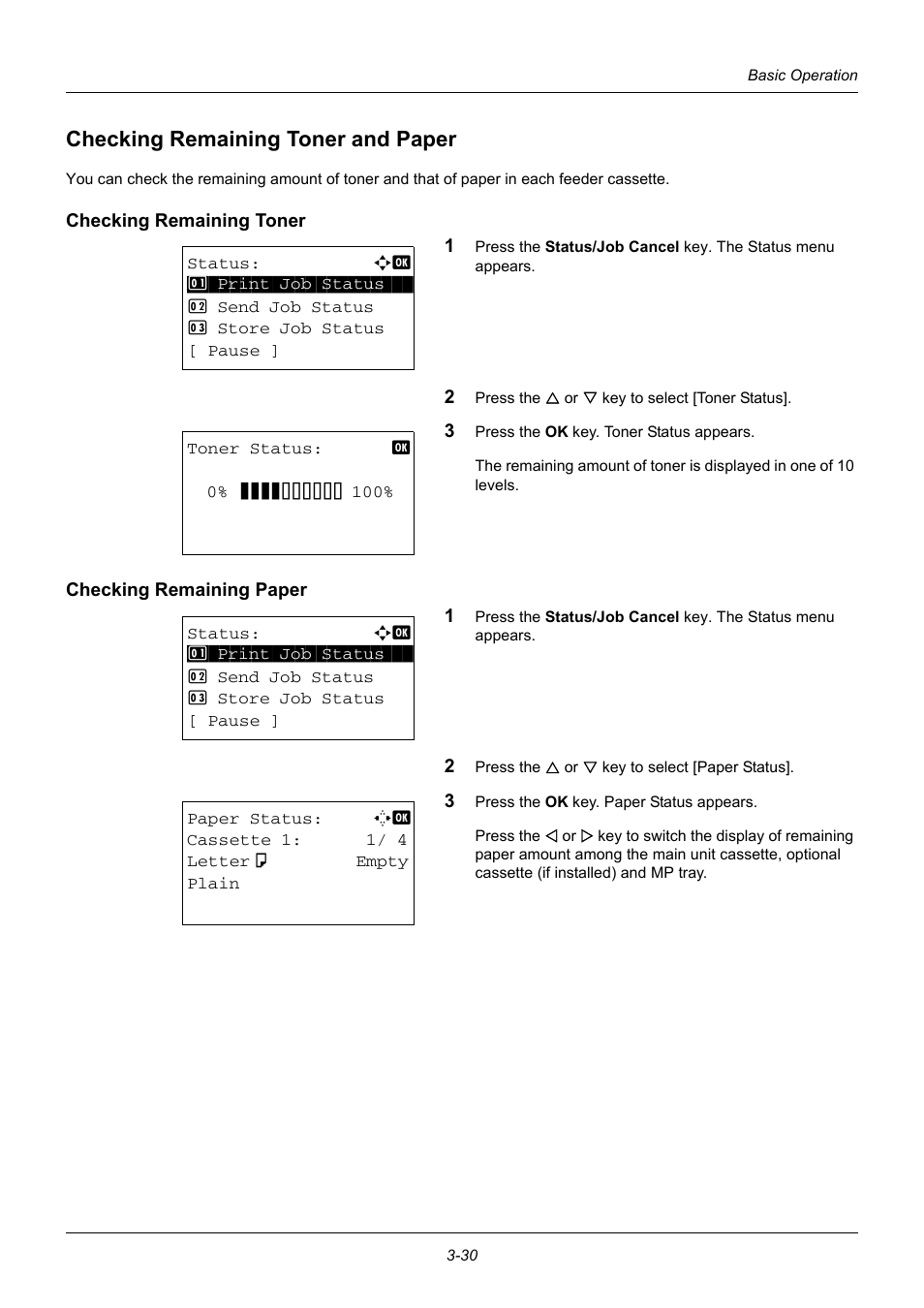 Checking remaining toner and paper, Checking remaining toner, Checking remaining paper | Checking remaining toner and paper -30 | TA Triumph-Adler DC 6140L User Manual | Page 120 / 446