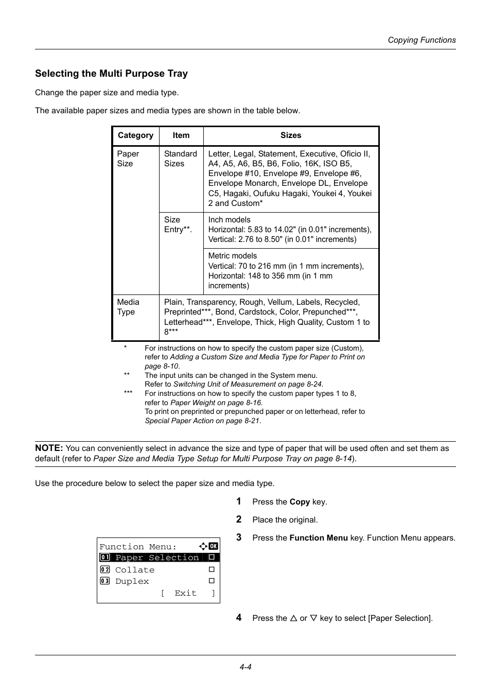 Selecting the multi purpose tray | TA Triumph-Adler DC 6140L User Manual | Page 124 / 446