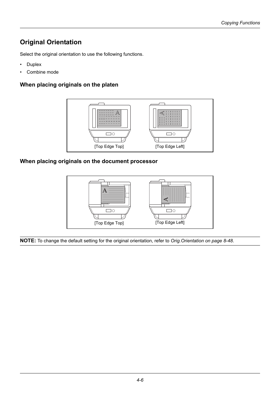 Original orientation, When placing originals on the platen, When placing originals on the document processor | Original orientation -6 | TA Triumph-Adler DC 6140L User Manual | Page 126 / 446