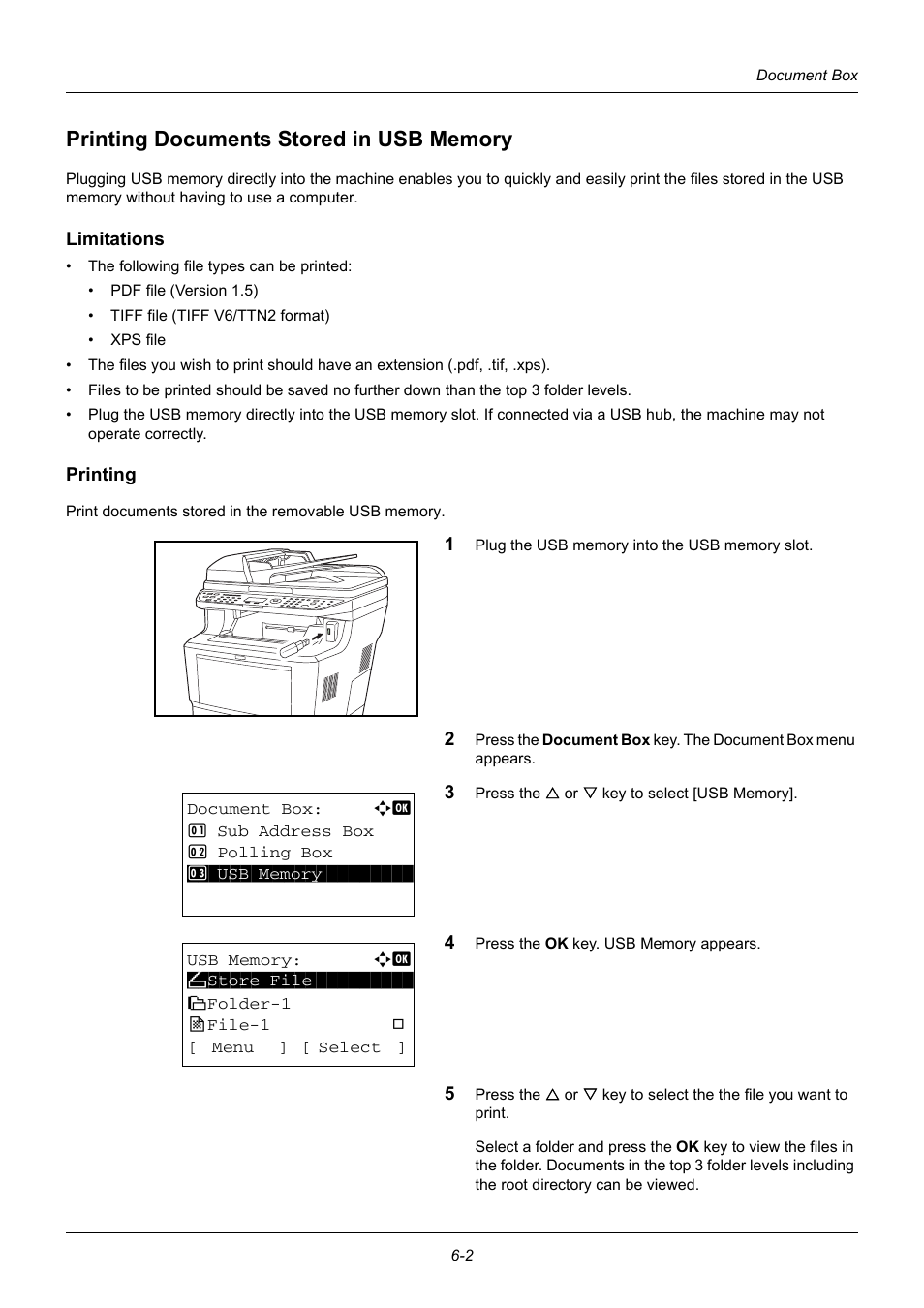 Printing documents stored in usb memory, Limitations, Printing | Printing documents stored in usb memory -2, Documents stored, In usb memory | TA Triumph-Adler DC 6140L User Manual | Page 166 / 446